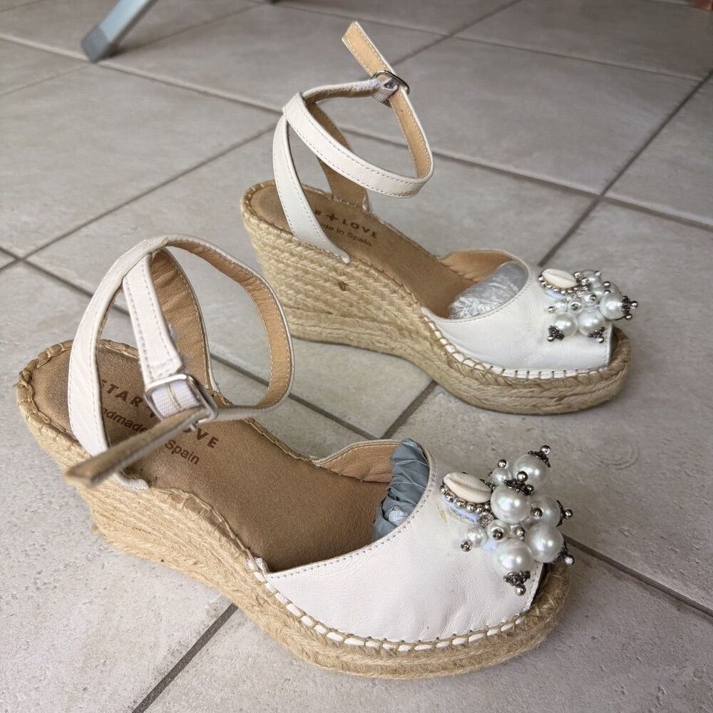 Star Love Spain Leather Pearl Espadrille Wedge Platform Sandals White EU 37